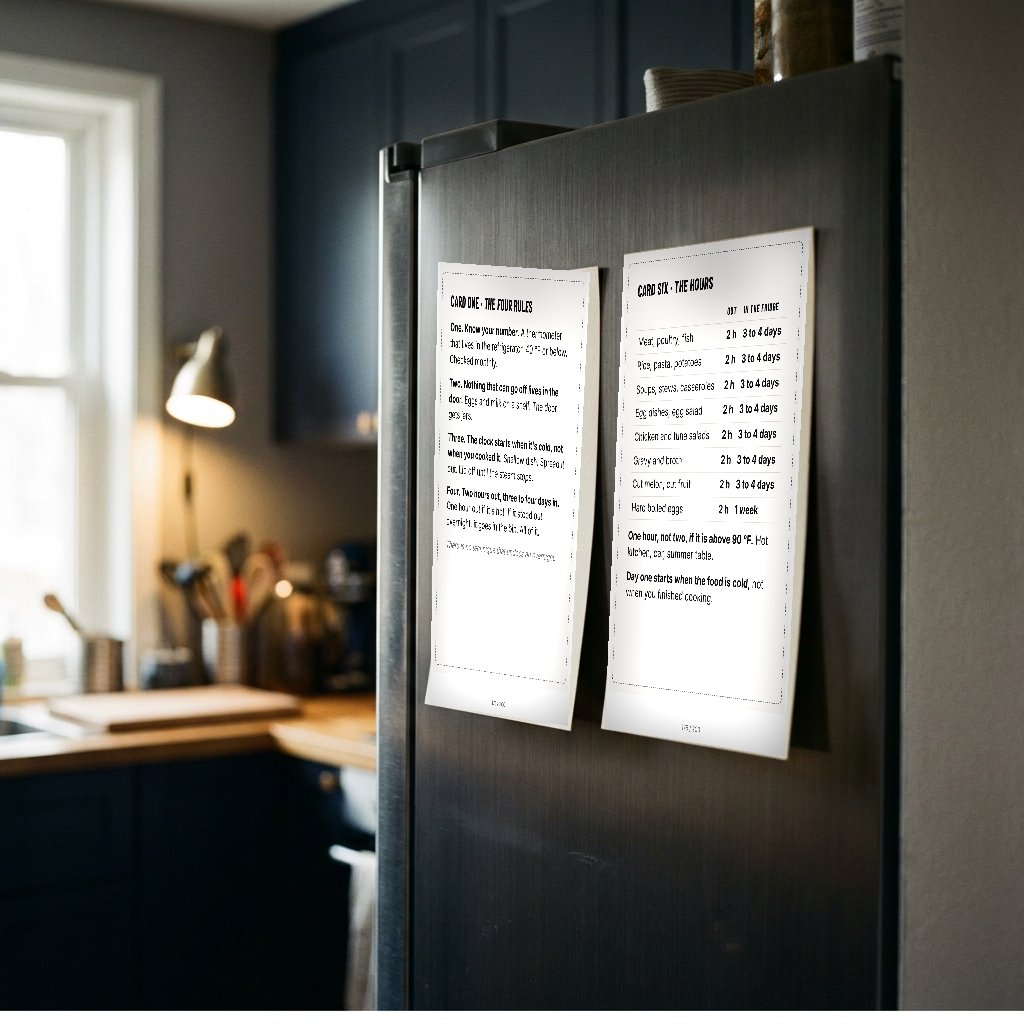 Printed card sheets held on a fridge door