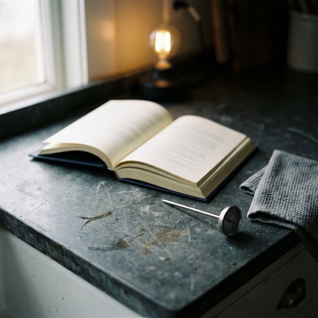 The book lying open on a kitchen worktop